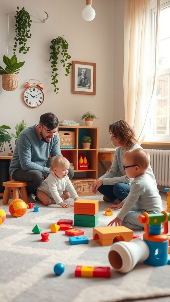 A cozy playroom with a parent and two toddlers engaging with colorful toys on the floor.