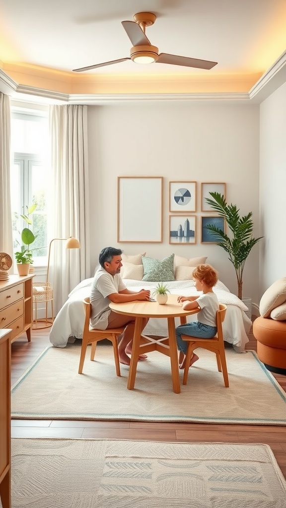 A parent and child sitting at a small table in a cozy bedroom, engaging in an activity together.