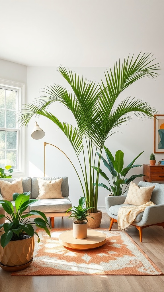 A bright living room featuring a tall Parlor Palm plant, surrounded by cozy furniture and other indoor plants.