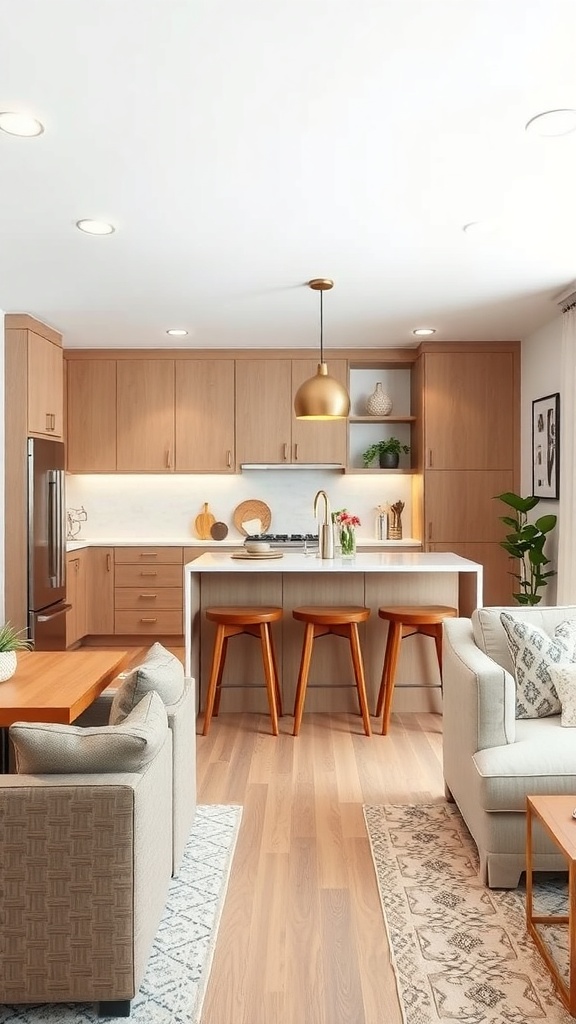 Modern kitchen with a pass-through and bar seating, featuring warm wood tones and stylish bar stools.