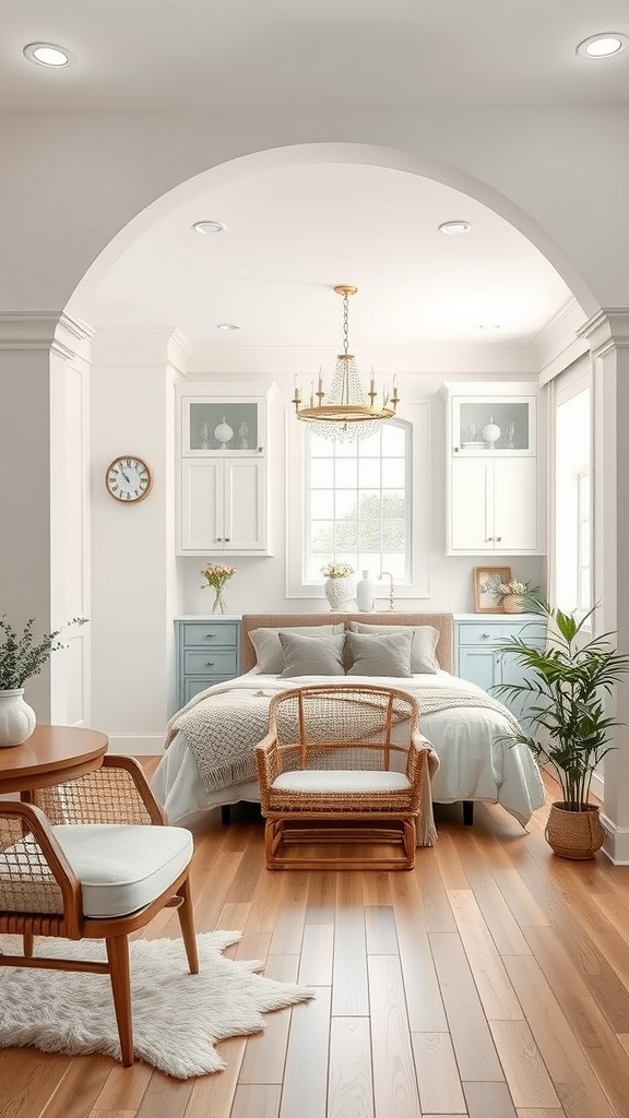 A beautifully designed kitchen pass-through with a decorative arch, featuring soft colors and natural light.