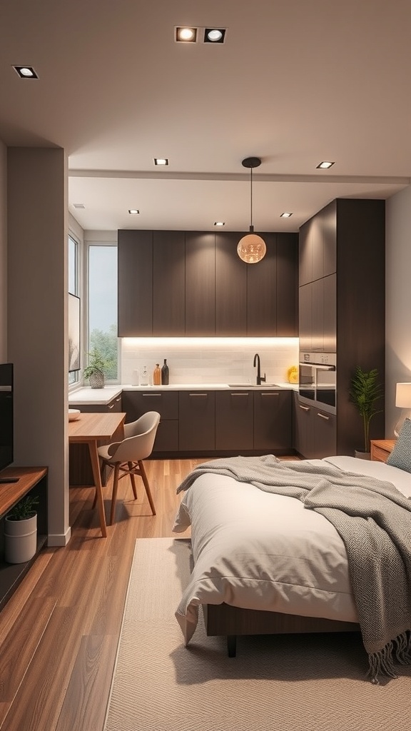 A modern kitchen with a pass-through and integrated lighting, showcasing dark cabinets and a warm ambiance.