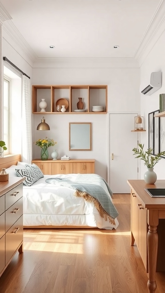 A bright kitchen with wooden cabinetry and open shelves, showcasing an open concept storage design.
