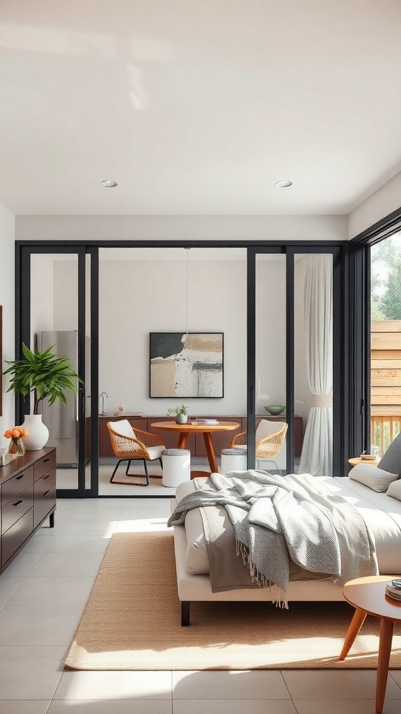 A modern living space featuring sliding glass panels separating the kitchen from the living area, showcasing a cozy and stylish interior.