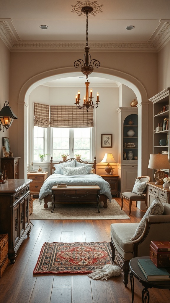 A cozy room featuring a vintage-style pass-through archway with warm lighting and classic furniture.