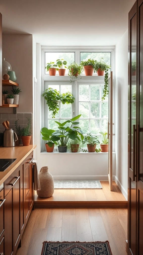 A kitchen pass-through with a window garden filled with potted plants.