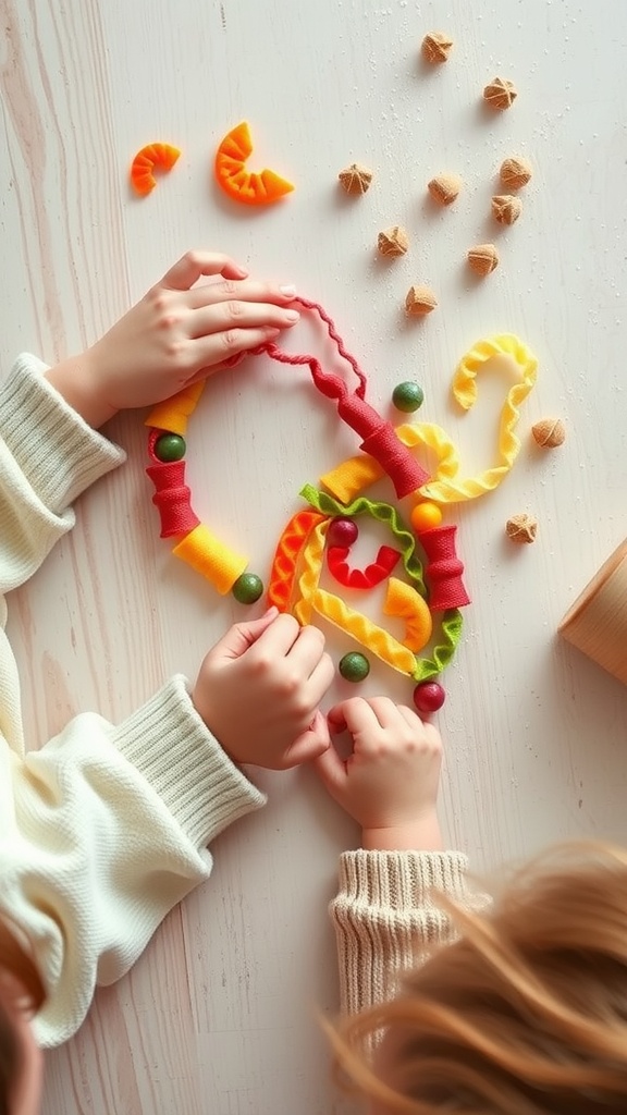 Two toddlers making jewelry with colorful pasta on a table