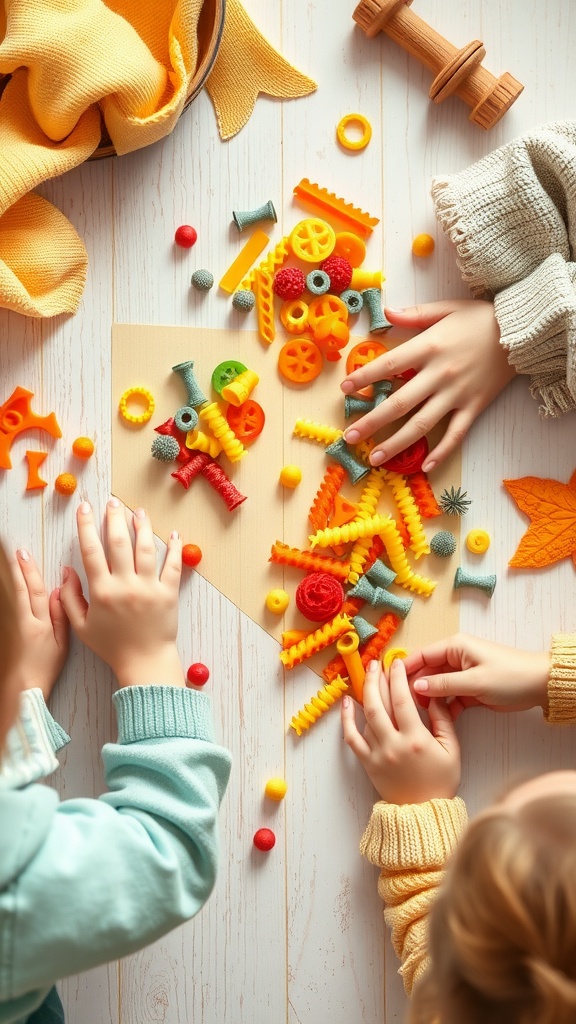 Children making pasta jewelry with colorful pasta pieces spread on a table.