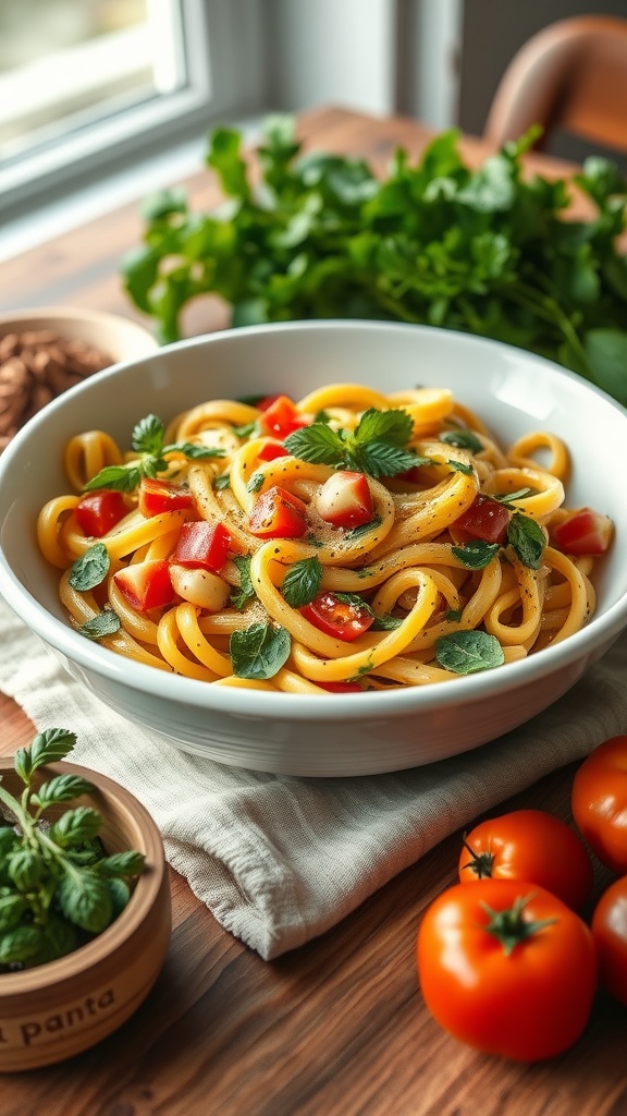 A bowl of Pasta Primavera with fresh herbs, colorful tomatoes, and a green background.