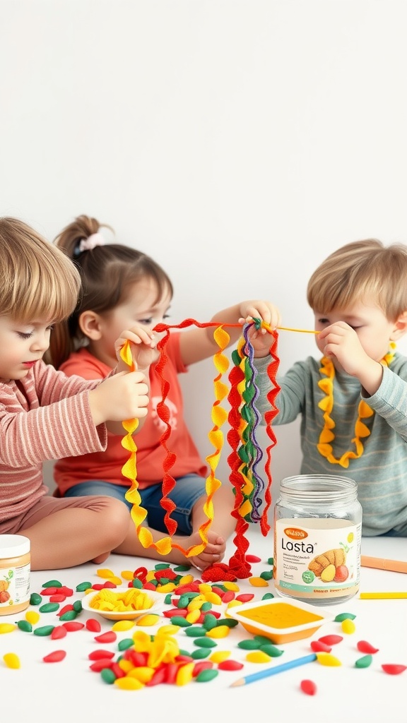 Children creating pasta shell necklaces with colorful pasta and string.