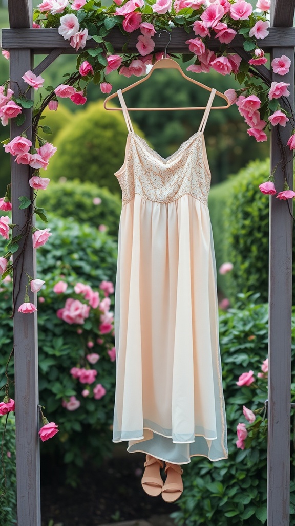 Pastel sundress hanging with strappy sandals against a floral backdrop