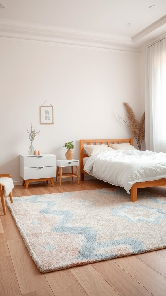 Cozy bedroom with pastel-toned rug and wooden furniture