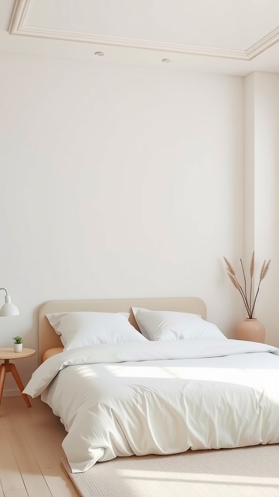 A minimalist bedroom featuring a white bed with soft linens and pastel accents in decor.