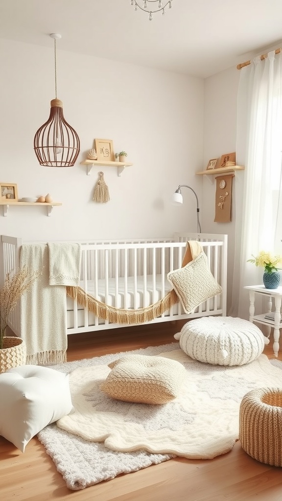 A neutral nursery featuring a crib, pastel accessories, and cozy textures