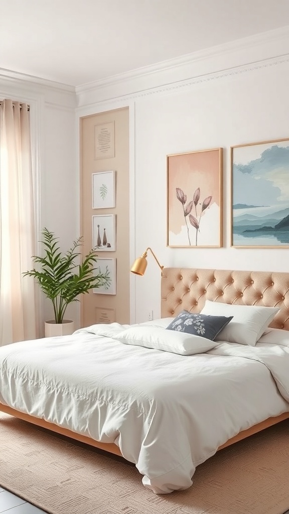A pastel-themed bedroom featuring soft artwork, a plant, and a cozy bed.