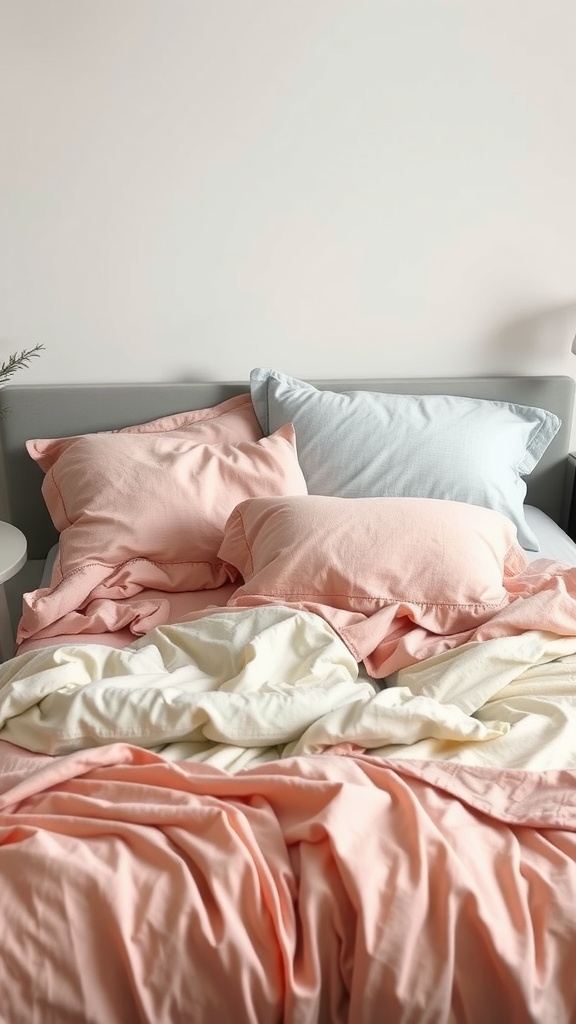 A cozy bed with pastel bedding featuring pink and blue pillows, and a white blanket.