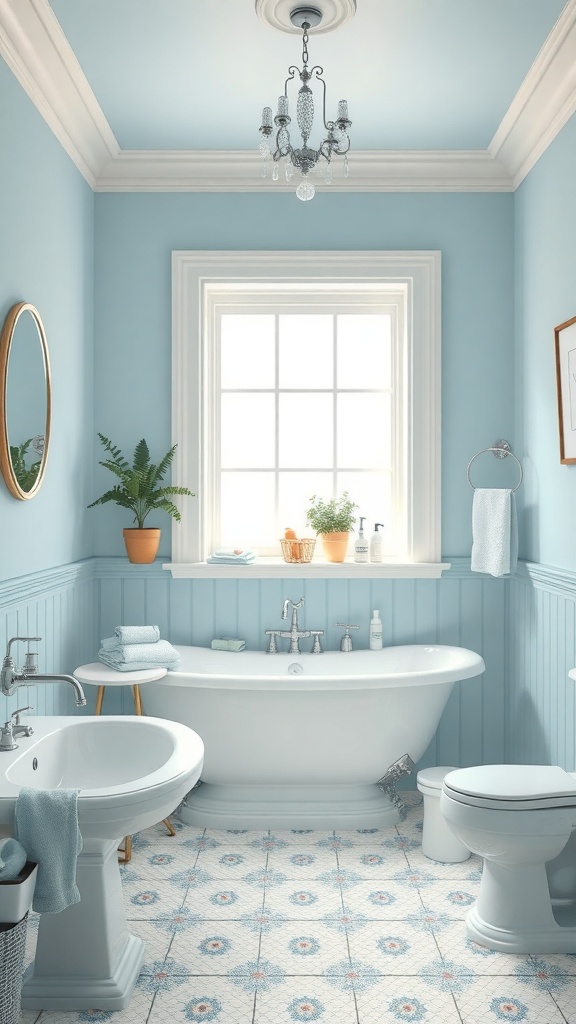 A pastel blue vintage bathroom featuring a freestanding tub, chandelier, and floral patterned tiles.