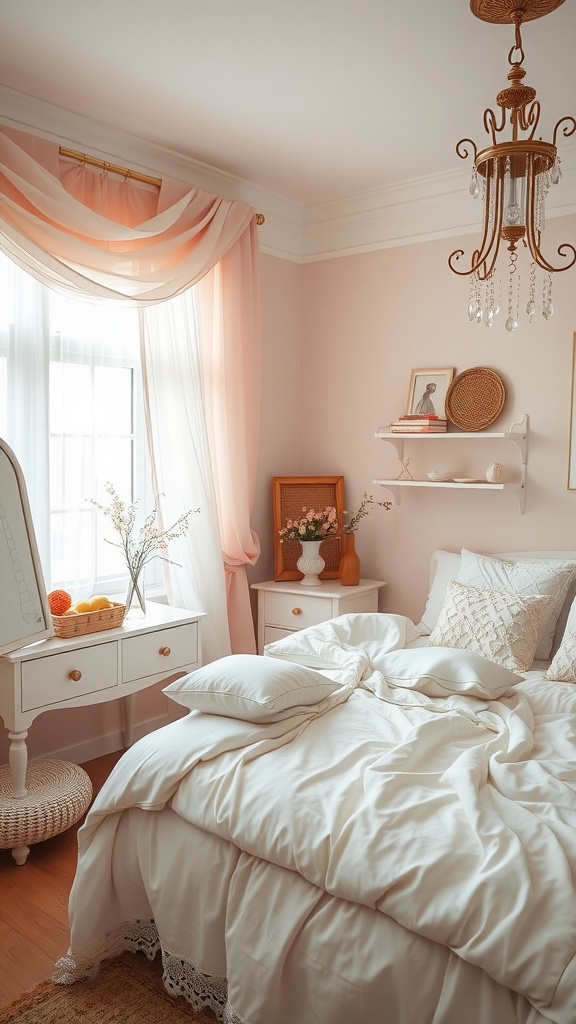 A beautifully arranged pastel-themed bedroom with pink walls, white bedding, and elegant decor.