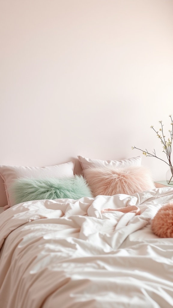 A cozy teen girl bedroom with pastel color palette featuring fluffy pillows in mint green and blush pink on a light beige bedspread.