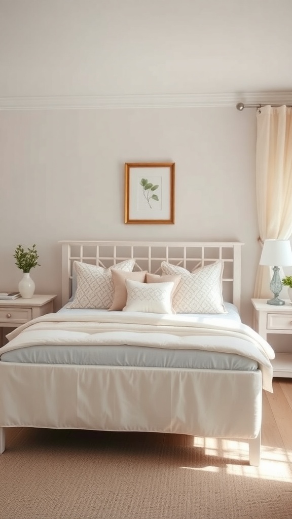 A cozy cottage bedroom with a pastel color palette, featuring a bed with soft pillows, light walls, and natural decor.