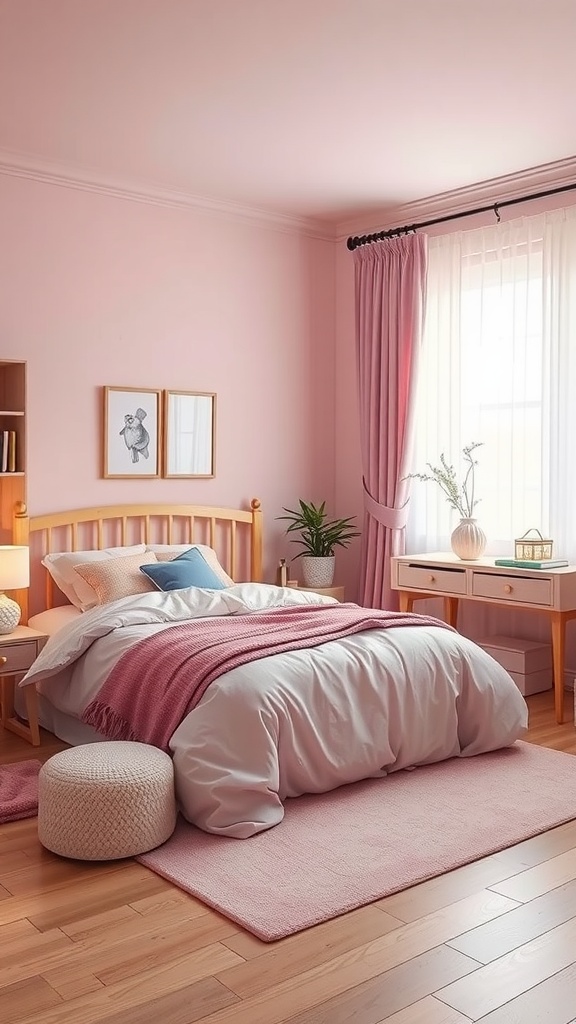 A pastel-themed bedroom featuring pink walls, soft bedding, and natural light.