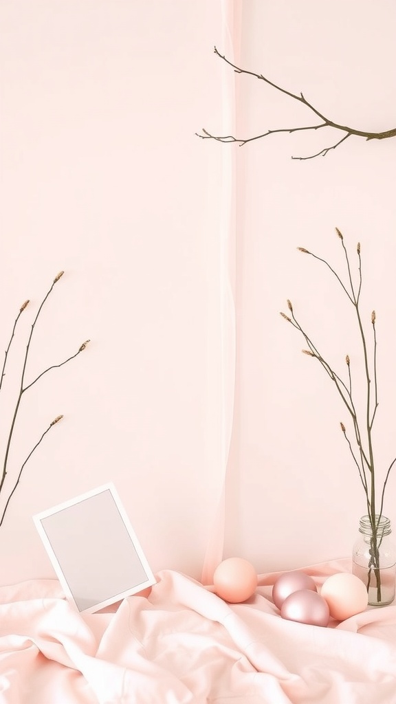 Pastel color decoration for a spring baby shower with soft fabrics and branches.