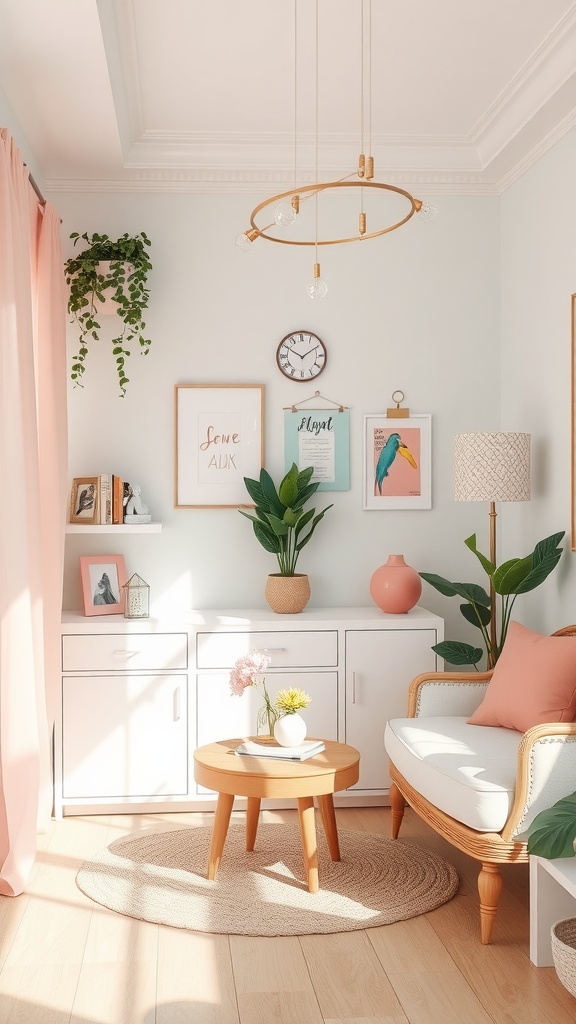 A cozy girly room decorated in pastel colors with plants, art, and soft furnishings.