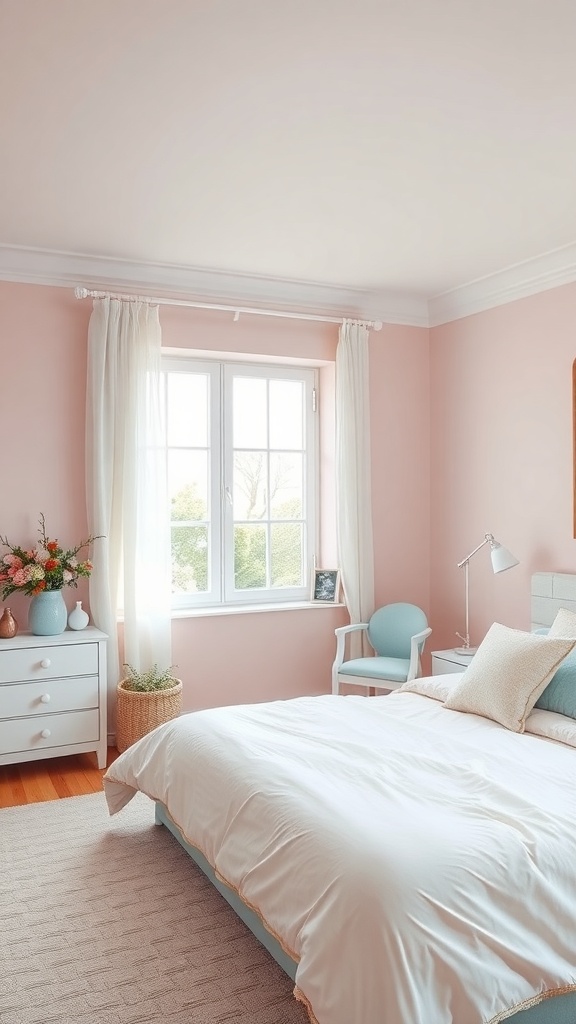 A pastel-themed bedroom with pink walls, light blue accents, and white curtains, creating a serene and inviting atmosphere.