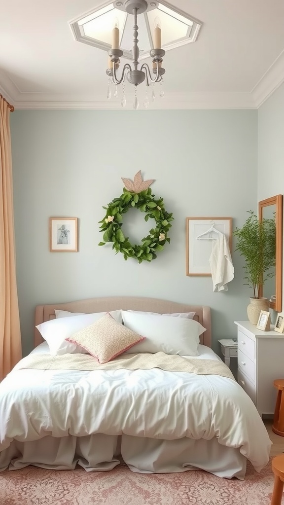 A cozy cottage bedroom featuring pastel colors, soft bedding, and natural elements.