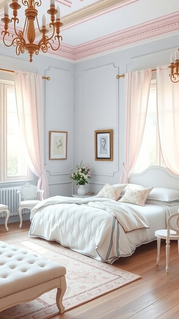 A serene French country bedroom featuring pastel colors with pink curtains, a white bed, and wooden flooring.