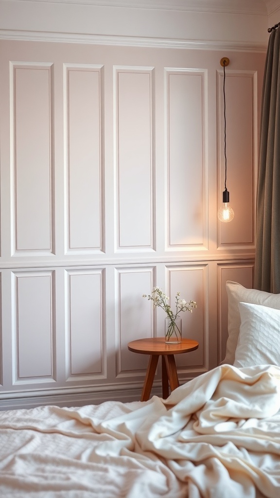 Bedroom with pastel colored panel wall, wooden side table, and soft bedding