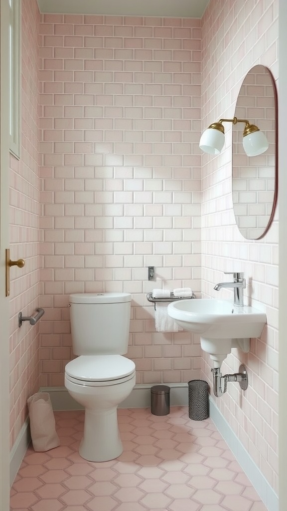 Small bathroom with pastel pink tiles on the walls and hexagonal pink floor tiles.