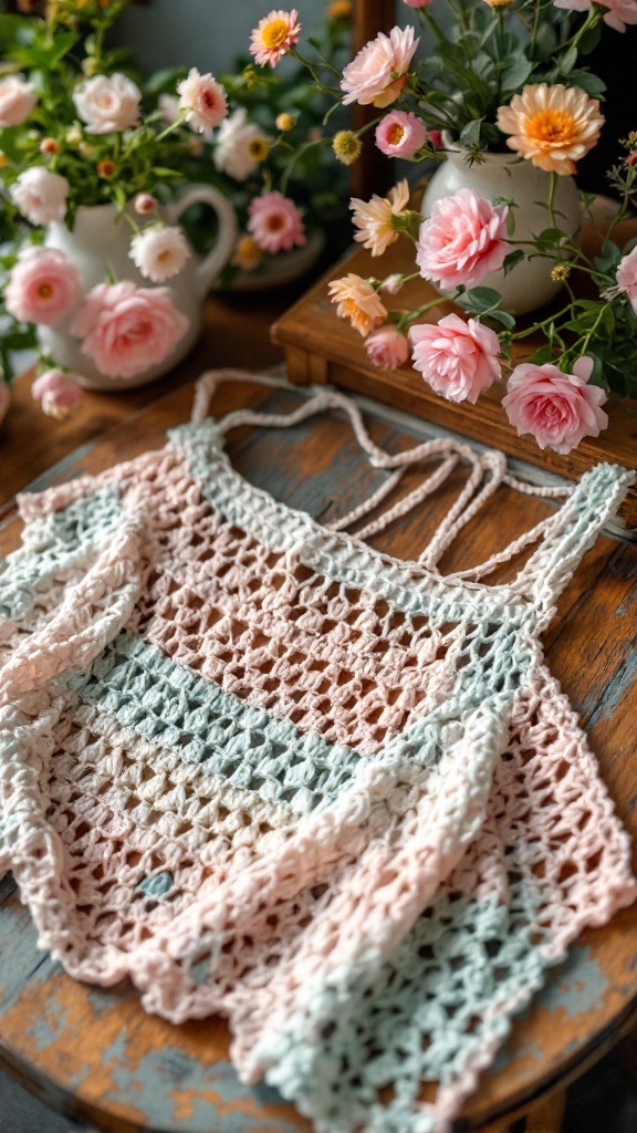 A pastel crochet top displayed on a wooden surface with flowers in the background.