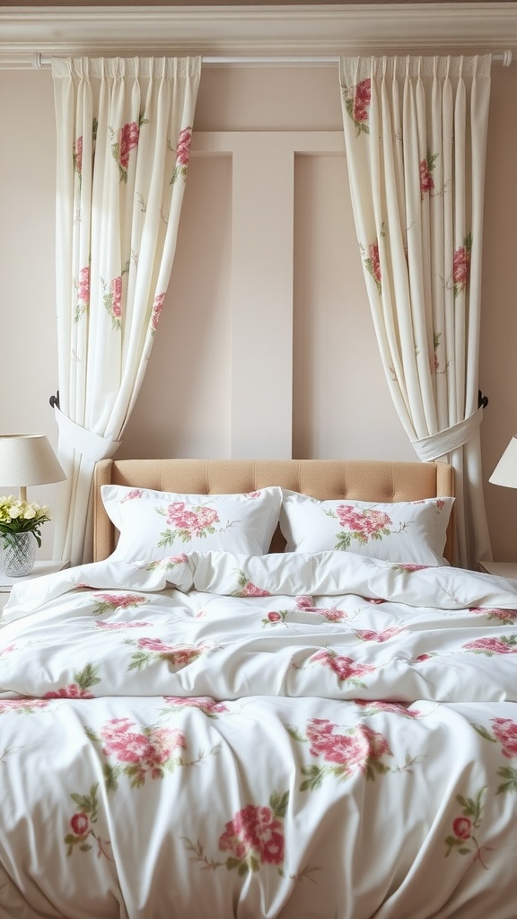 A cozy bedroom featuring pastel floral bedding and matching curtains.