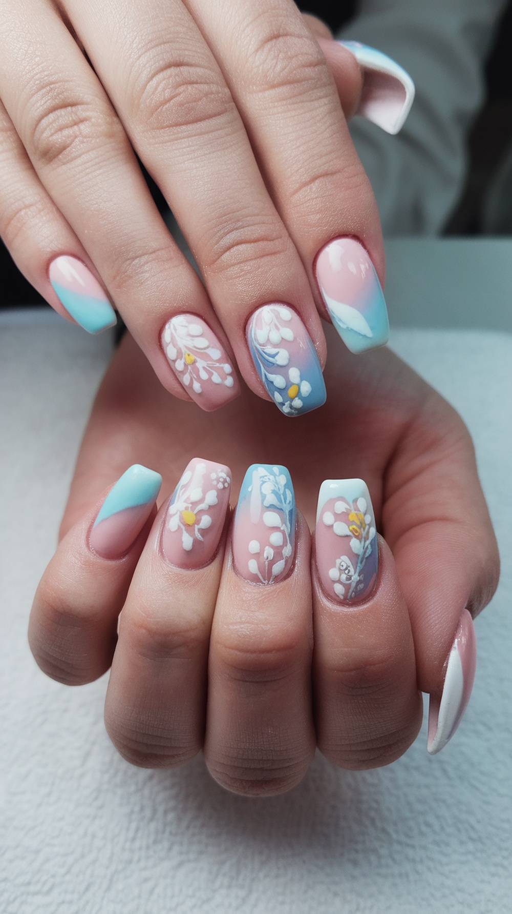 Close-up of a woman's hand showcasing beautifully designed pastel floral nails with elegant details.