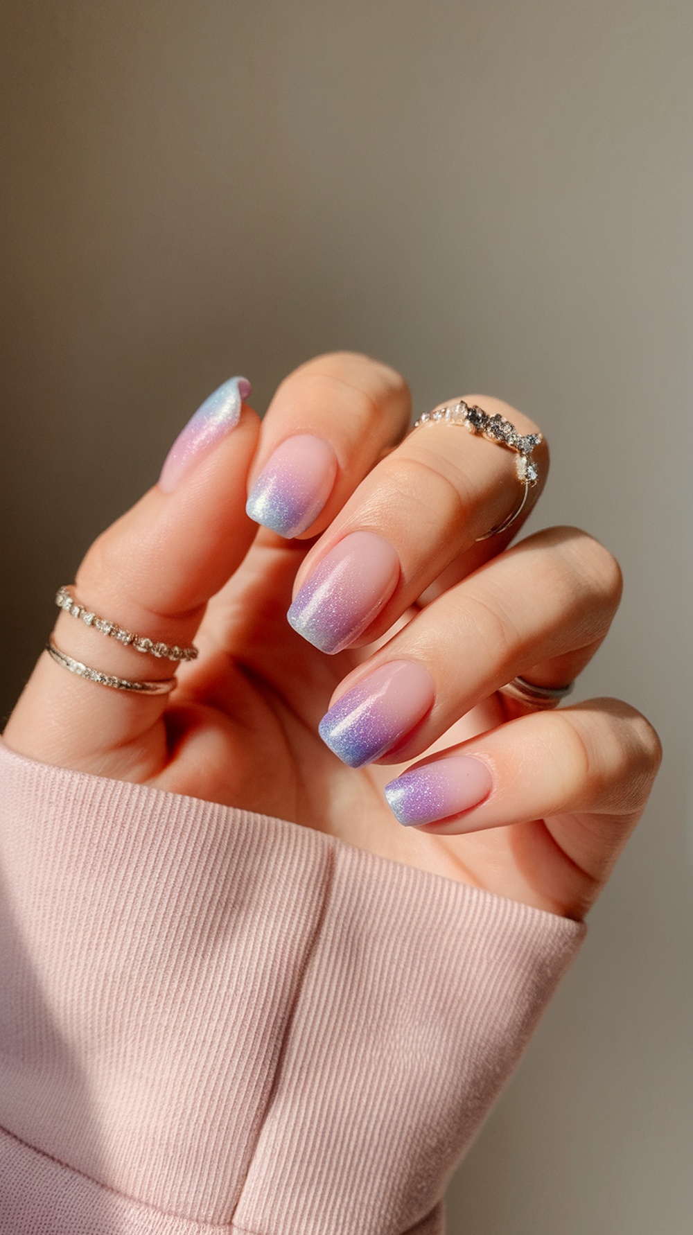 A hand showing pastel glitter gradient nails with rings, against a soft background.