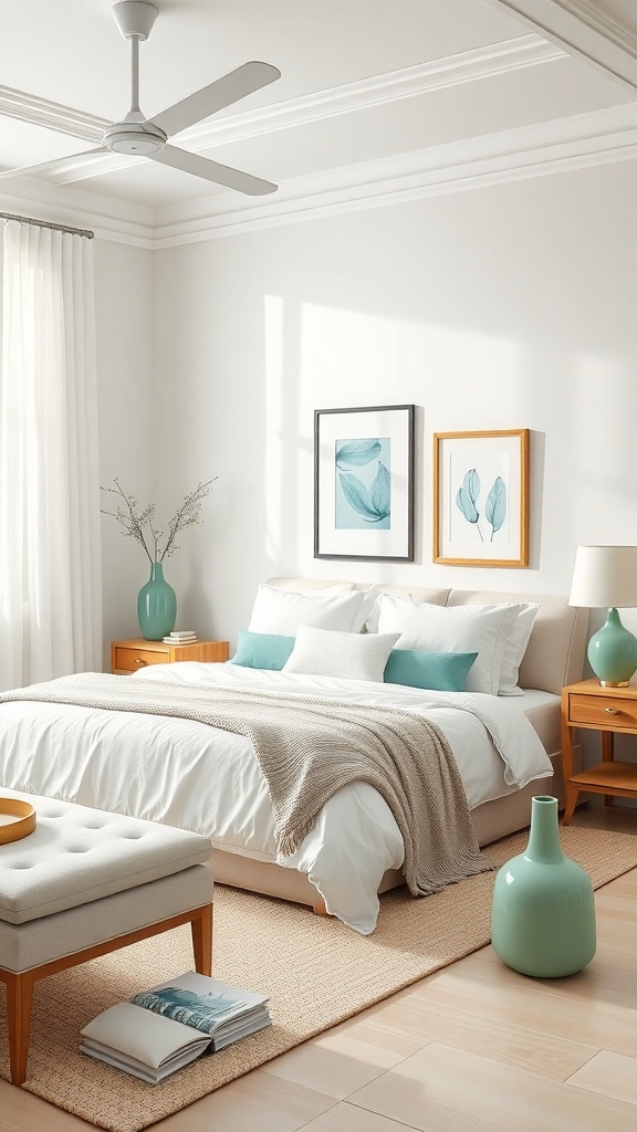 A pastel green themed bedroom with vases and pillows in soft green tones.