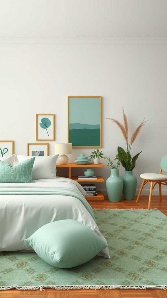 A pastel green bedroom with soft bedding, decorative pillows, a patterned rug, and stylish accessories.