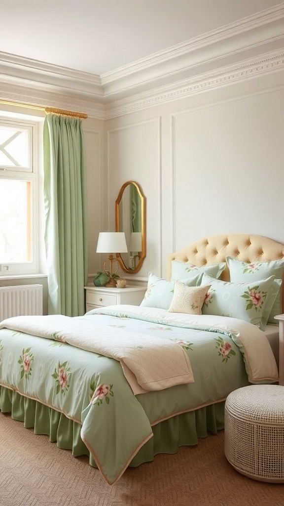 A pastel green bedroom featuring floral patterned bedding and curtains, with natural light illuminating the space.