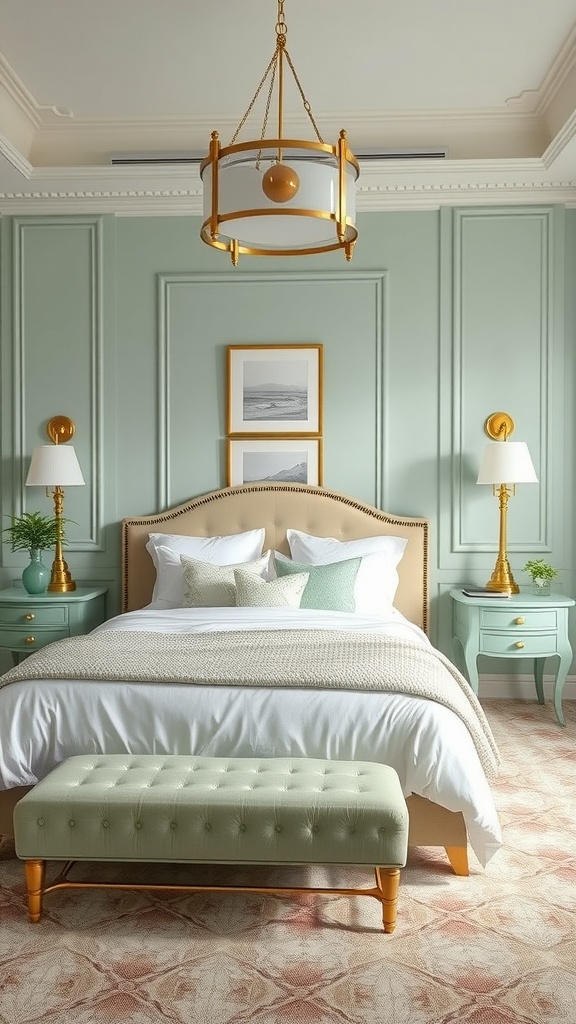 A pastel green bedroom with gold accents, featuring a bed, nightstands, and decorative elements.