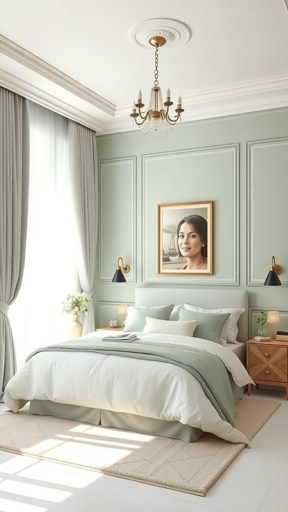 A pastel green bedroom featuring white bedding, elegant chandelier, and framed artwork.