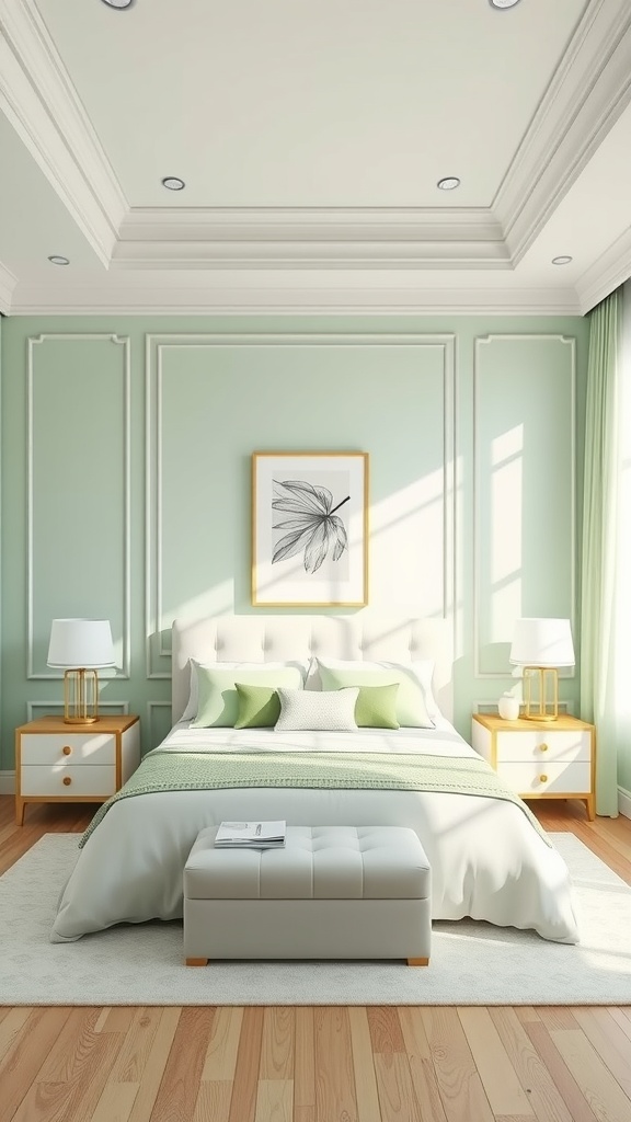 A pastel green bedroom featuring white bedding, wooden furniture, and natural light.