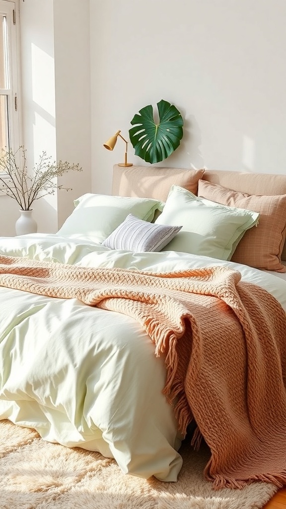 A cozy pastel green bedroom featuring soft bedding, a textured peach throw, and natural decor.