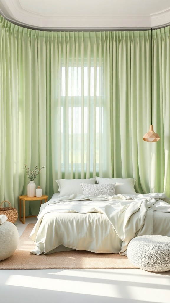A pastel green bedroom featuring light green curtains, a cozy bed, and a simple decor.