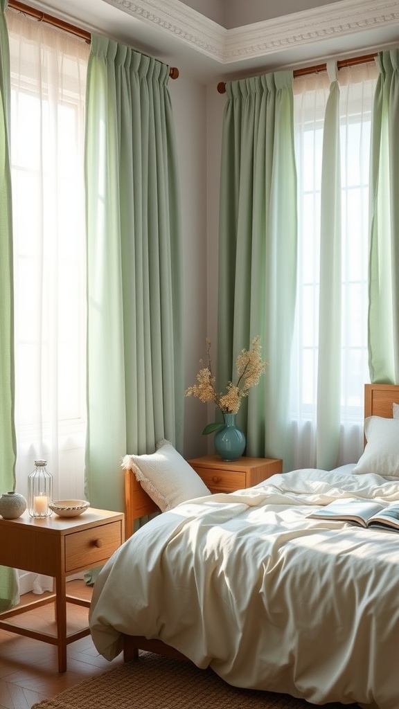 A cozy bedroom featuring pastel green curtains, light bedding, and wooden furniture.