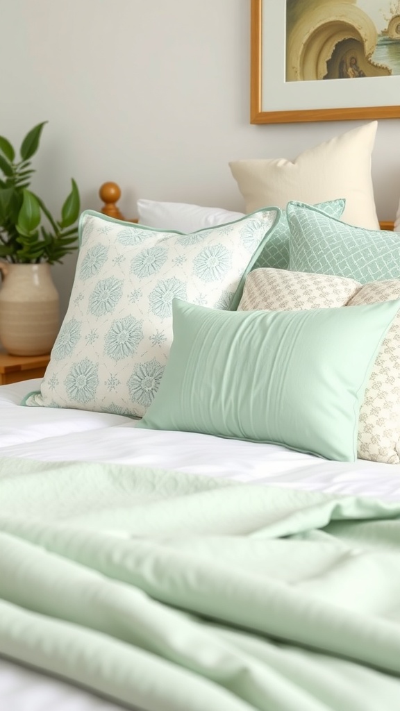 A cozy bed with an arrangement of pastel green decorative pillows in various patterns and textures.