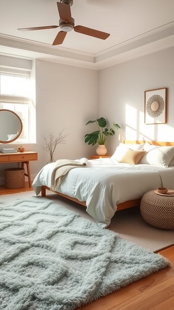 A cozy bedroom featuring a pastel green rug, wooden furniture, and neutral bedding.