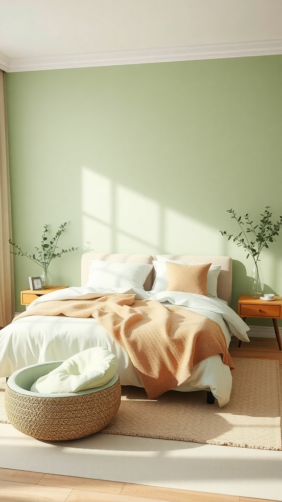 A calming pastel green bedroom with cozy bedding and natural elements.