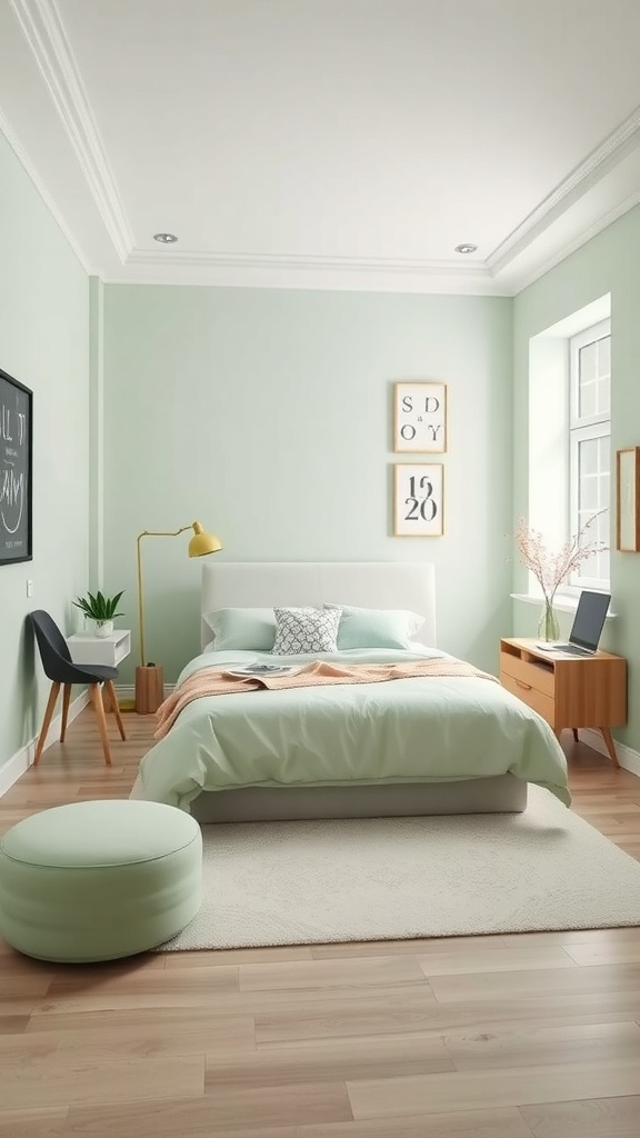 A small pastel green bedroom featuring a bed, nightstand, and a round ottoman.