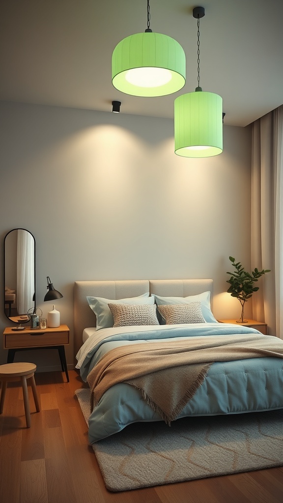 A cozy bedroom featuring pastel green pendant lights above the bed, complemented by neutral bedding and decor.